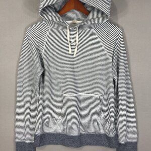 J Crew Hoodie Women's Small White Blue Striped Pullover Sweatshirt Long Sleeve